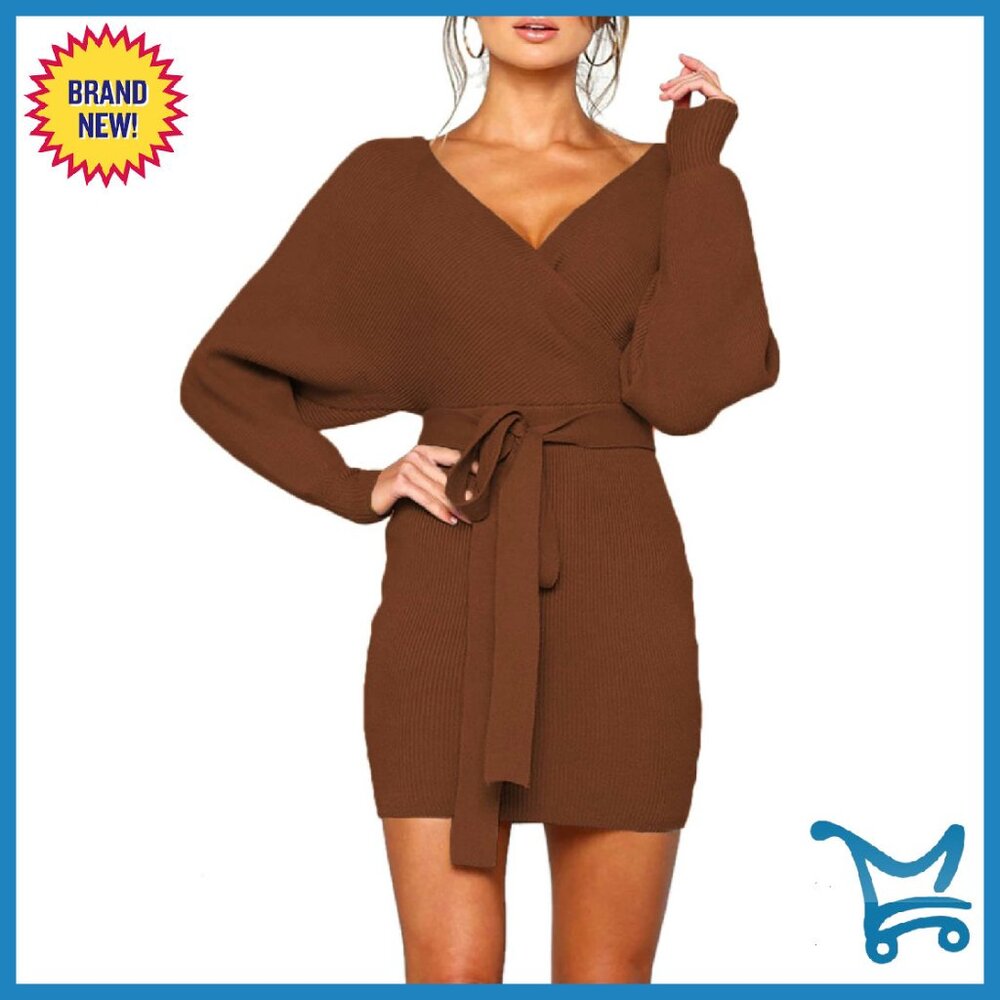 Sexy Batwing Long Sleeve Backless Wrap Knit Sweater Mini Dress